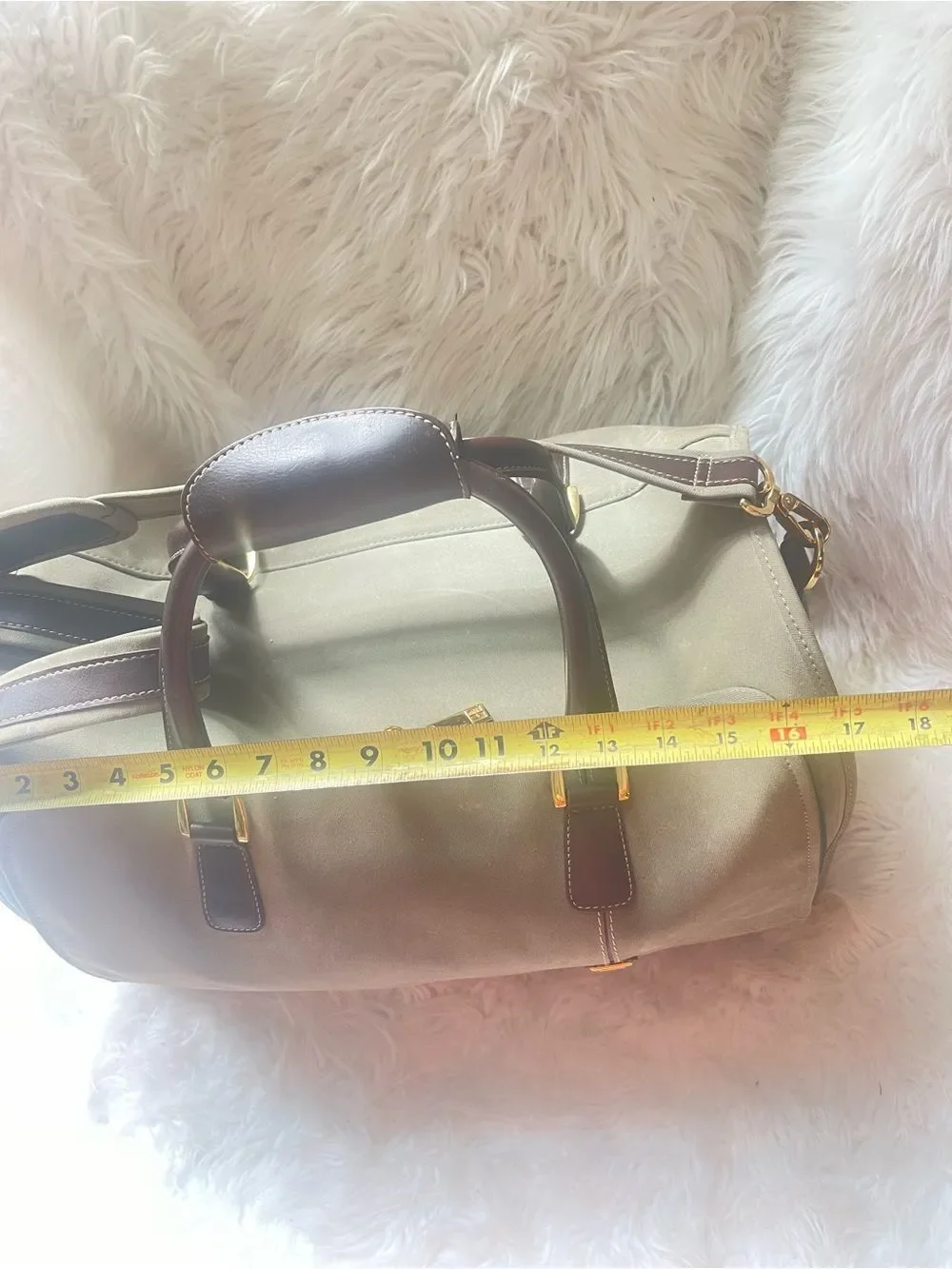 Diane Von Furstenberg  olive Green Fabric canvas duffel bag brown leather straps